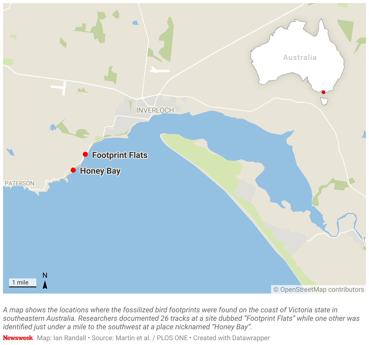 A map showing the locations where the fossilized bird footprints were found on the coast of Victoria state in southeastern Australia.