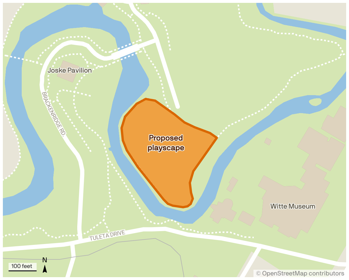 A map of Brackenridge Park in San Antonio showing the location of a proposed nature playscape. The proposed area is in the north of the park, between the Joske Pavilion and Witte Museum.