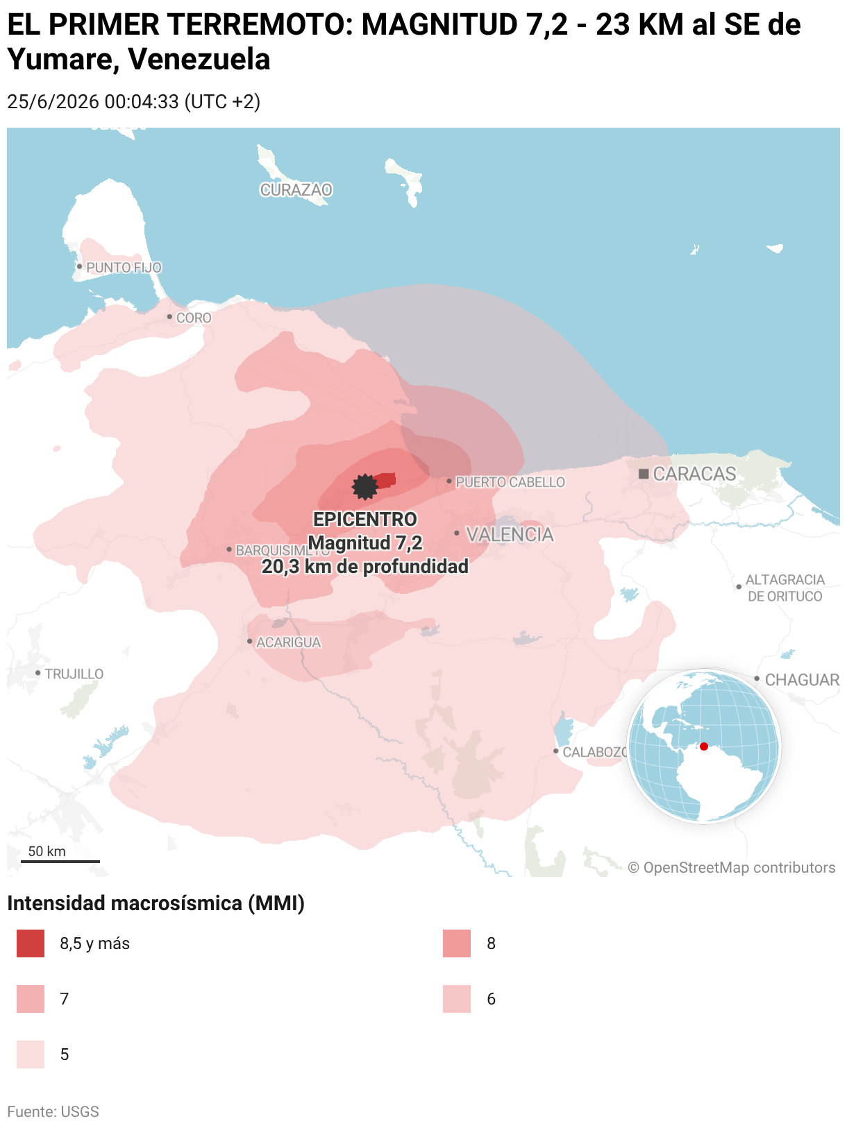 EL PRIMER TERREMOTO: MAGNITUD 7,2 - 23 KM al SE de Yumare, Venezuela (Mapas de ubicación)