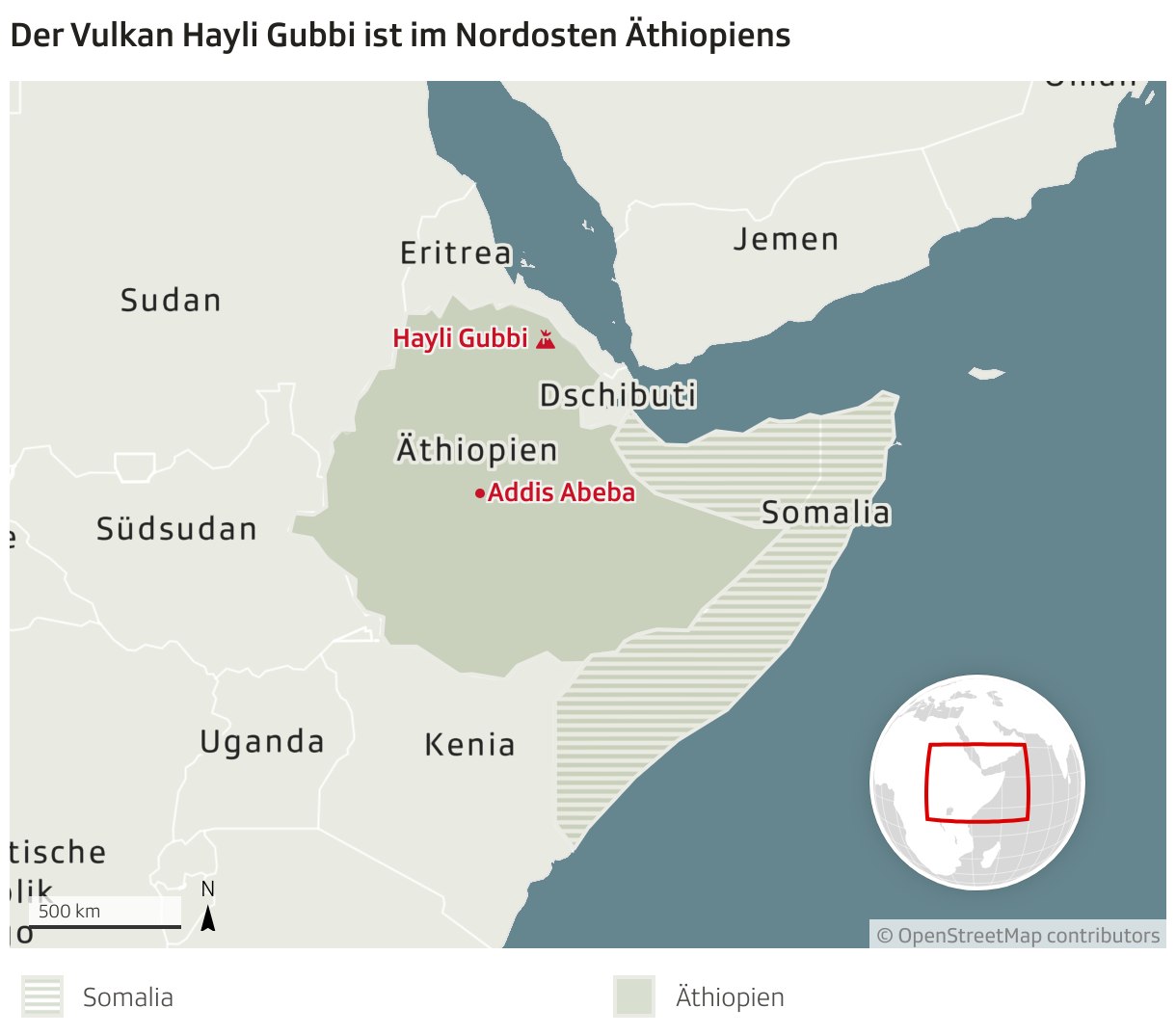 Der Vulkan Hayli Gubbi ist im Nordosten Äthiopiens (Locator-Karte)