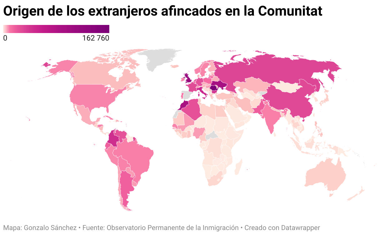 Origen de los extranjeros afincados en la Comunitat (Mapa coroplético)