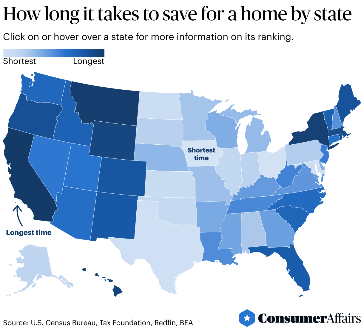 A map showing how much time it takes to save for a home in each state.