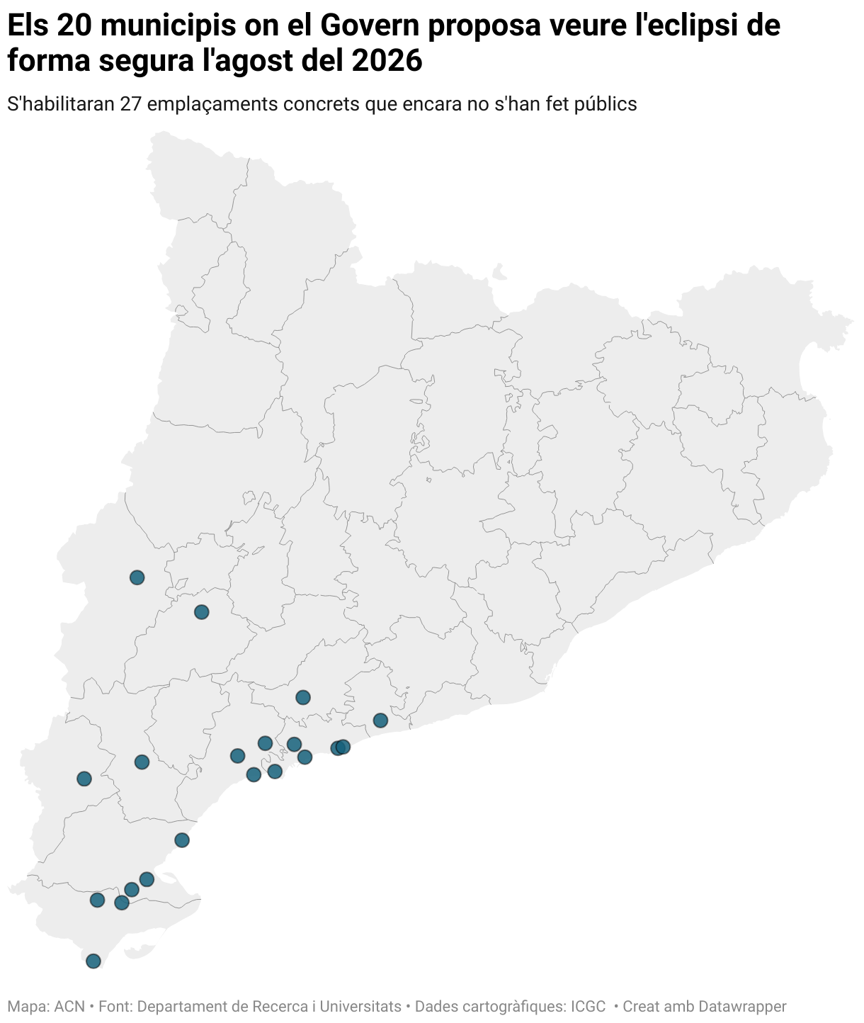 Els 20 municipis on el Govern proposa veure l'eclipsi de l'agost del 2026 (Symbol map)