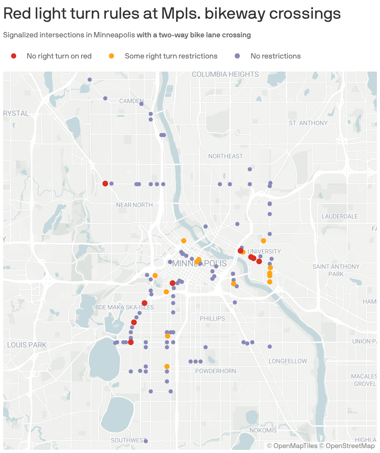 A map showing symbols for 124 Minneapolis intersections with a traffic signal that are crossed by a two-way bike lane. Most of those intersections allow cars to turn right on red lights across the bike lane. 