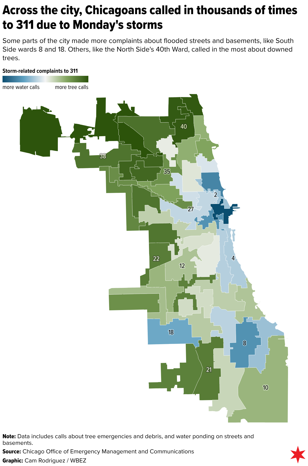 Across the city, Chicagoans called in thousands of times to 311 due to yesterday's storms (Choropleth map)