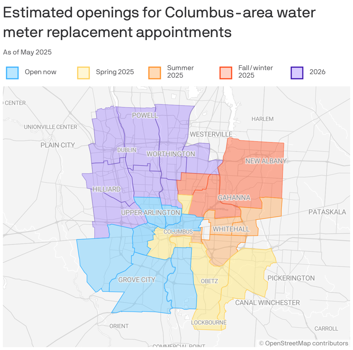 A map showing estimated openings for Columbus-area water meter replacement appointments. The southwestern part of the metro area has appointments open now. Moving counter-clockwise from there, appointments are projected to open anywhere from spring 2025 to 2026.
