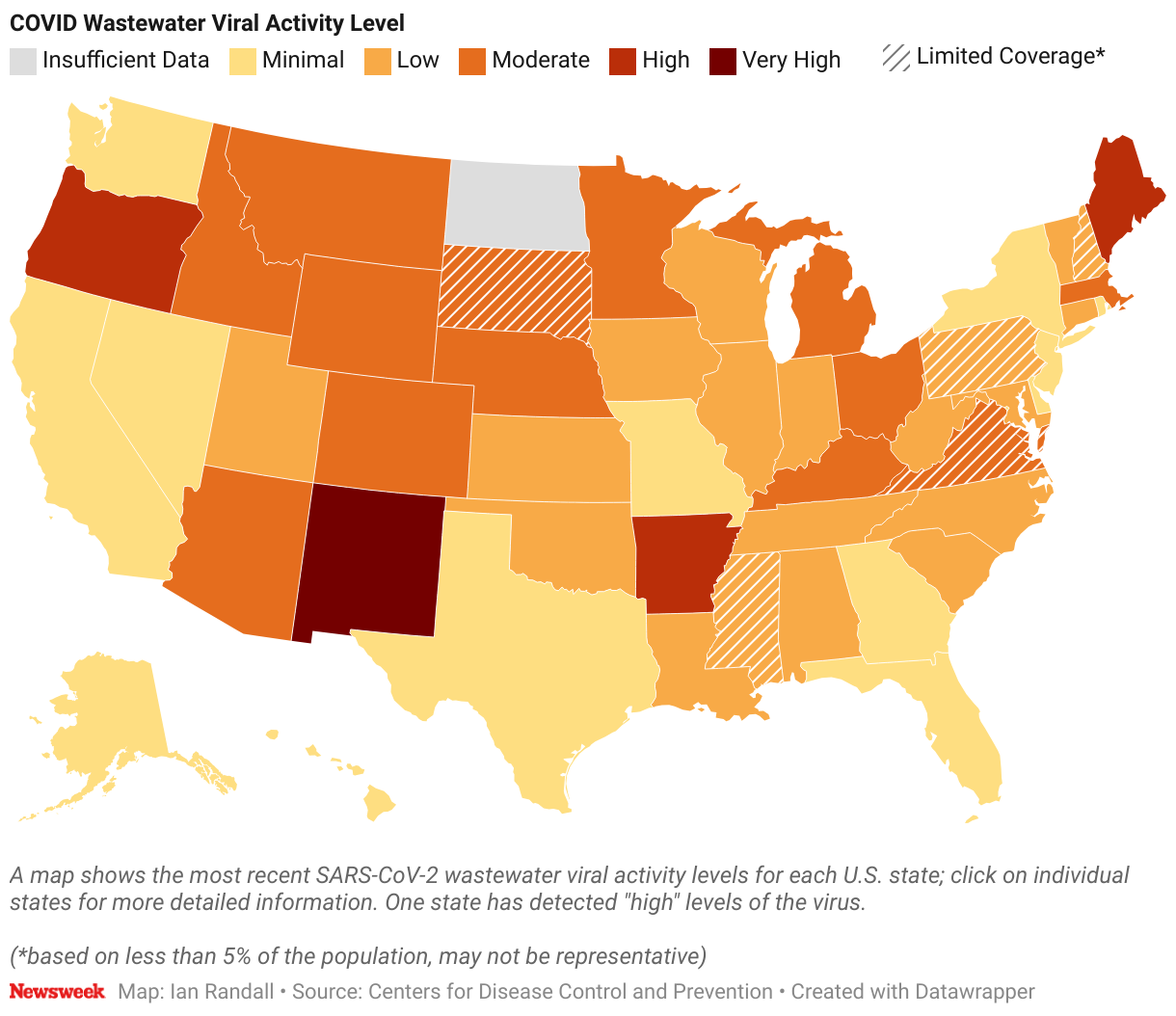 A map shows the most current SARS-CoV-2 virus activity levels in wastewater for each US state.