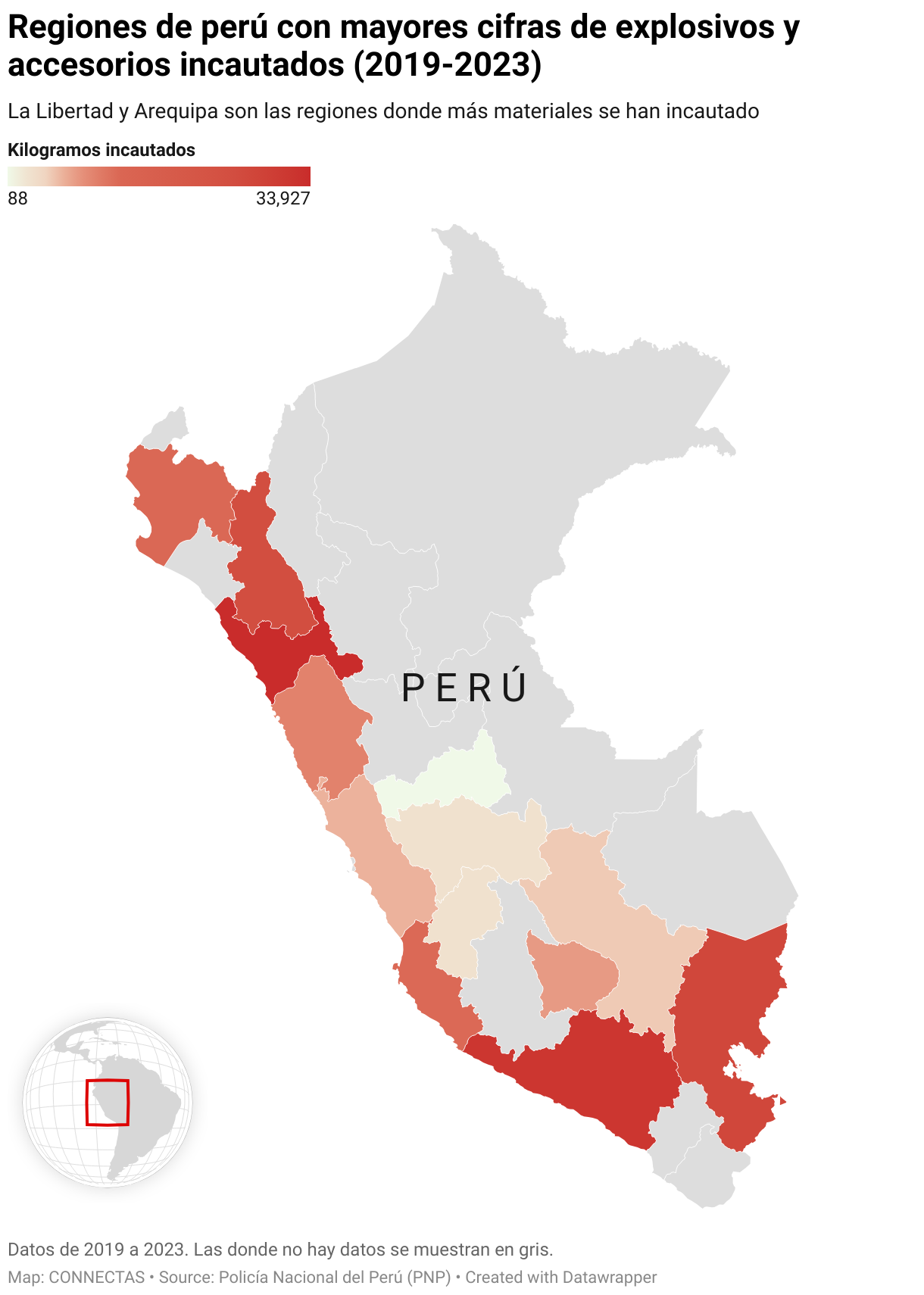 Mapa que muestra las regiones de Perú donde se han registrado las mayores cifras de explosivos y accesorios incautados entre 2019 y 2023