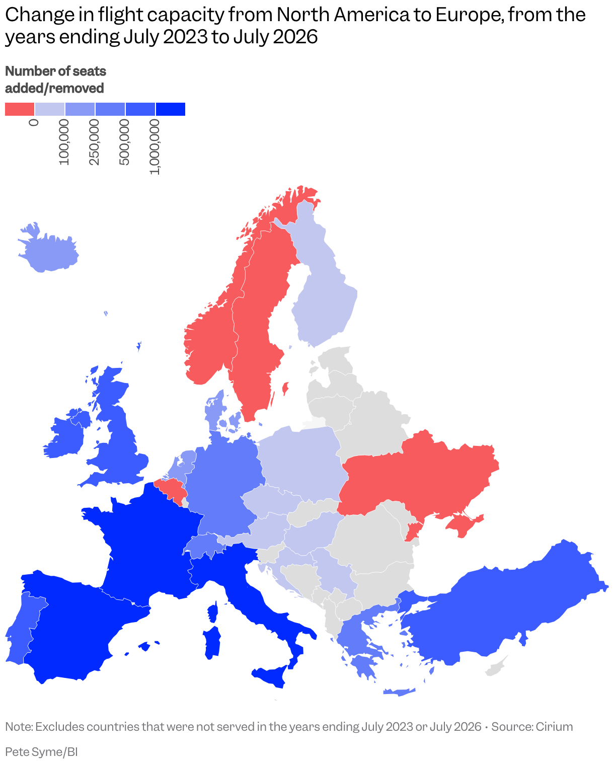 A map of Europe shows each country coloured based on the change in the number of seats on flights from North America