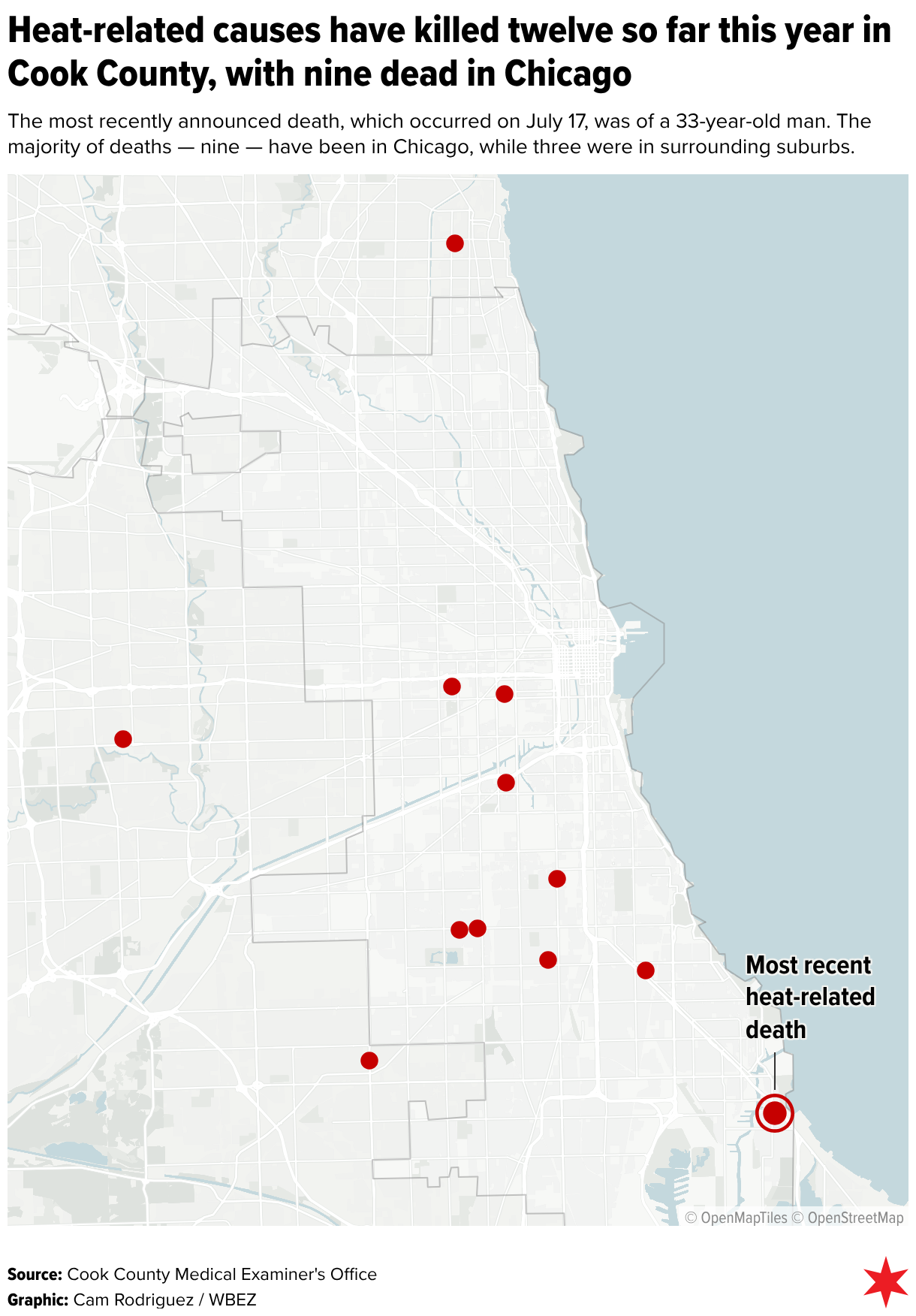 Heat-related causes have killed twelve so far this year in Cook County, with nine dead in Chicago (Locator map)