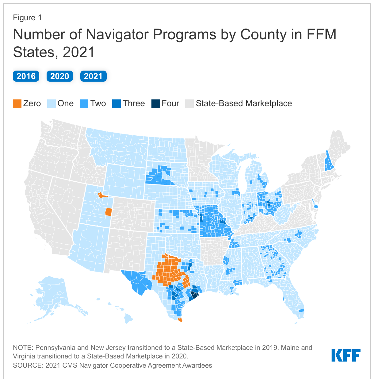Number of Navigator Programs by County in FFM States, 2021