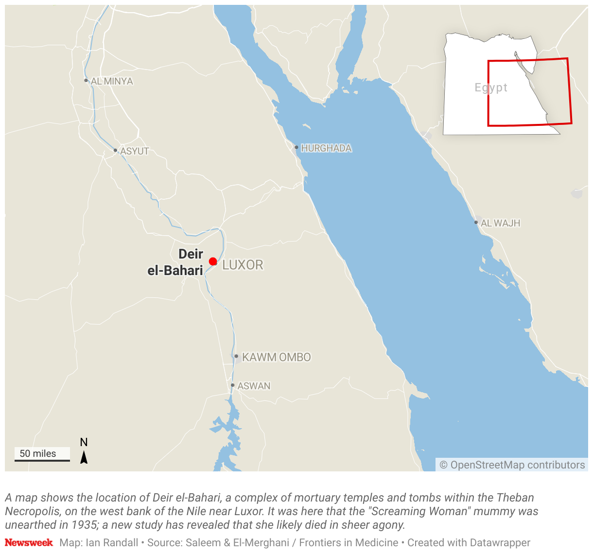 A map shows the location of Deir el-Bahari, a complex ofmortuary temples and tombs within the Theban Necropolis, on the west bank of the Nile near Luxor.