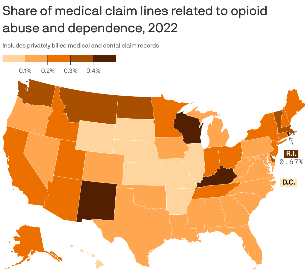 Share of medical claim lines related to opioid abuse and dependence, 2022
