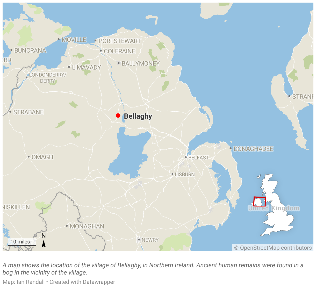 A map shows the location of the village of Bellaghy, in Northern Ireland.