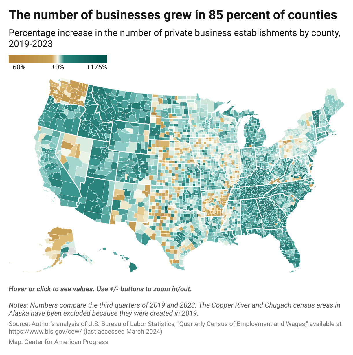 A map showing growth in the number of private business establishments by county 2,696 of 3,141 counties experienced growth in the number of private business establishments between 2019 and 2022.