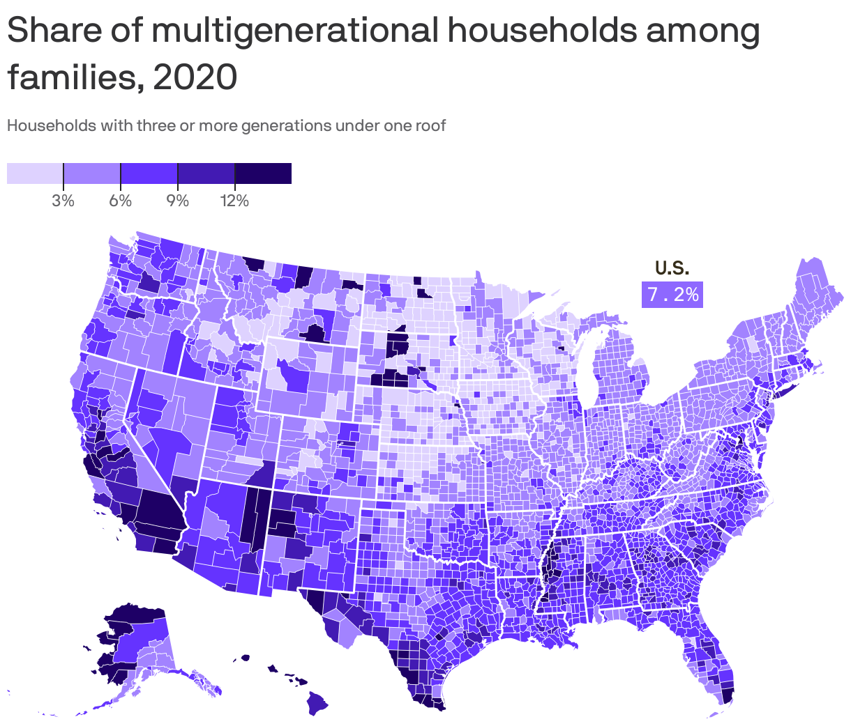 Share of multigenerational households among families, 2020