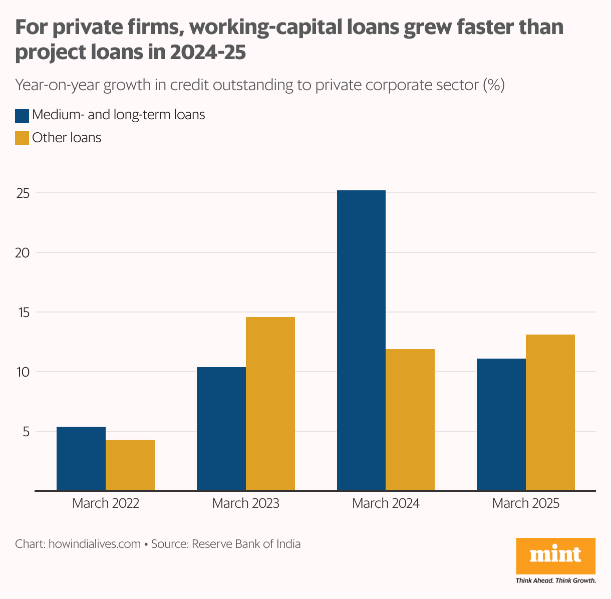 A stacked bar chart that shows the year-on-year growth in credit outstanding to private companies by two types of loans: medium- and long-term loans (typically, used for project finance) and other loans (typically used for working-capital needs). In 2024-25, growth in other loans exceeded project loans.
