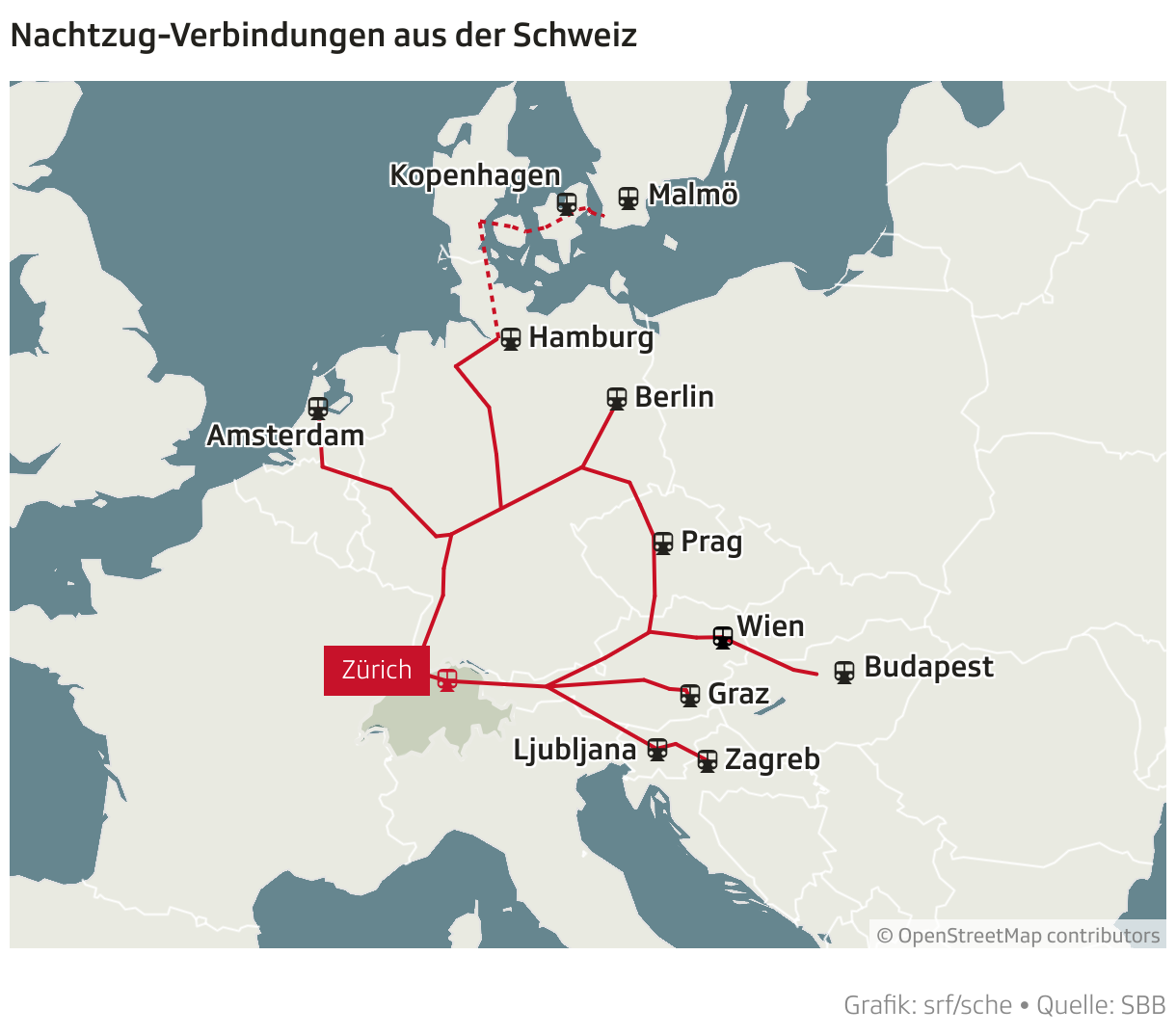 Nachtzug-Verbindungen aus der Schweiz (Locator-Karte)