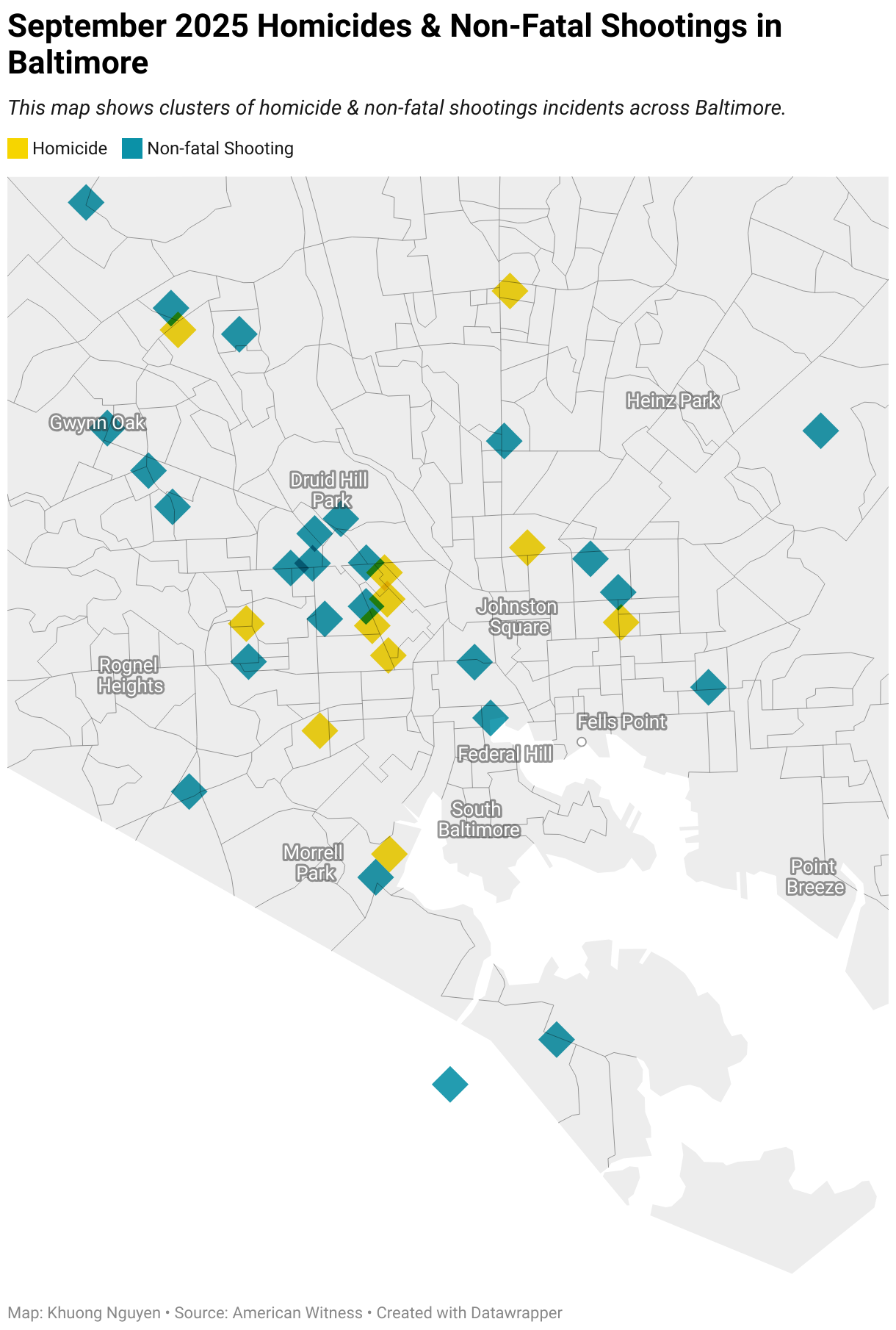 September 2025 Homicides &amp; Non-Fatal Shootings in Baltimore (Symbol map)
