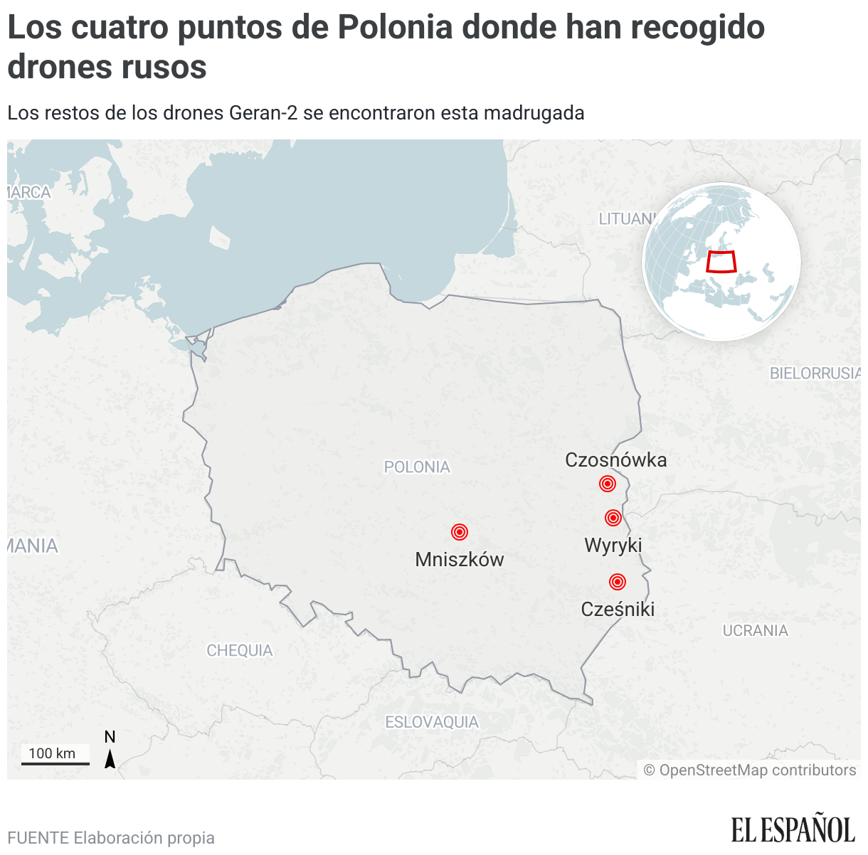 Los cuatro puntos de Polonia donde han recogido drones rusos (Mapas de ubicación)