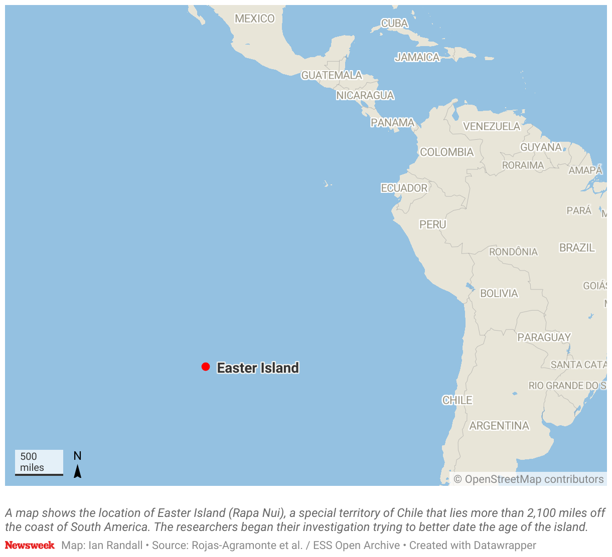 El mapa muestra la ubicación de la Isla de Pascua (Rapa Nui), un territorio especial de Chile, ubicado a 2.182 millas de la costa de América del Sur.