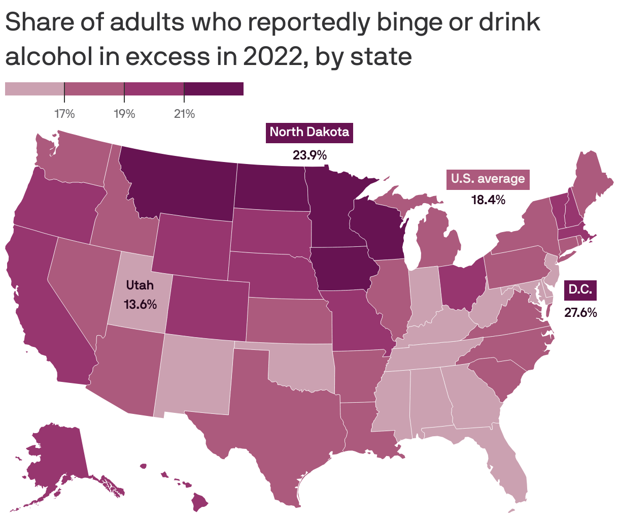 Share of adults who reportedly binge or drink alcohol in excess in 2022, by state