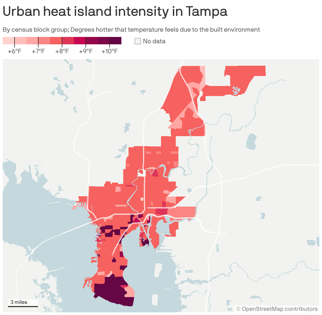 Map of Tampa, Fla. showing the intensity of urban heat islands by census block group. On average, the city feels 8.2°F hotter due to the built environment.