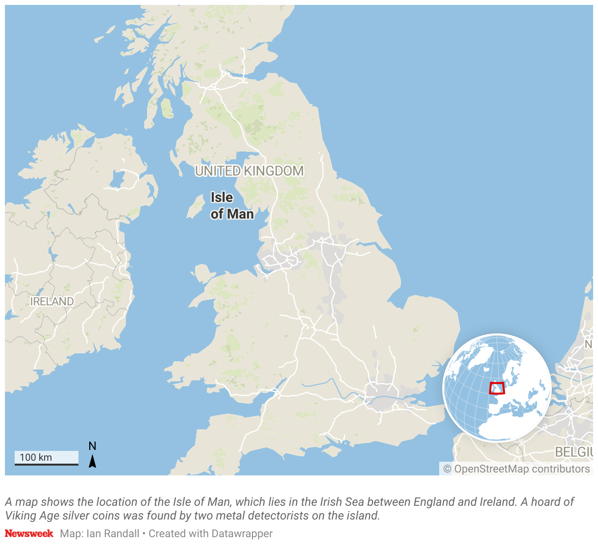 A map shows the location of the Isle of Man, which lies  in the Irish Sea between England and Ireland.