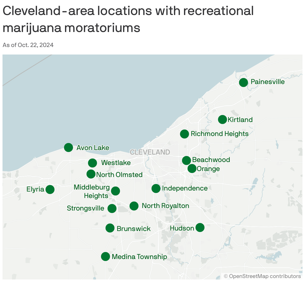 A map showing 16 Cleveland-area locations with recreational marijuana moratoriums.