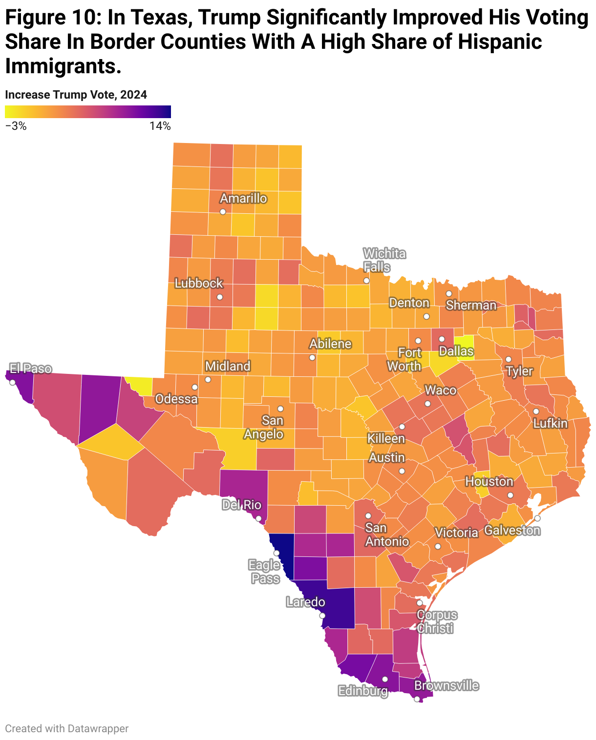 Figure 10: In Texas, Trump Significantly Improved His Voting Share In Border Counties With A High Share of Hispanic Immigrants.