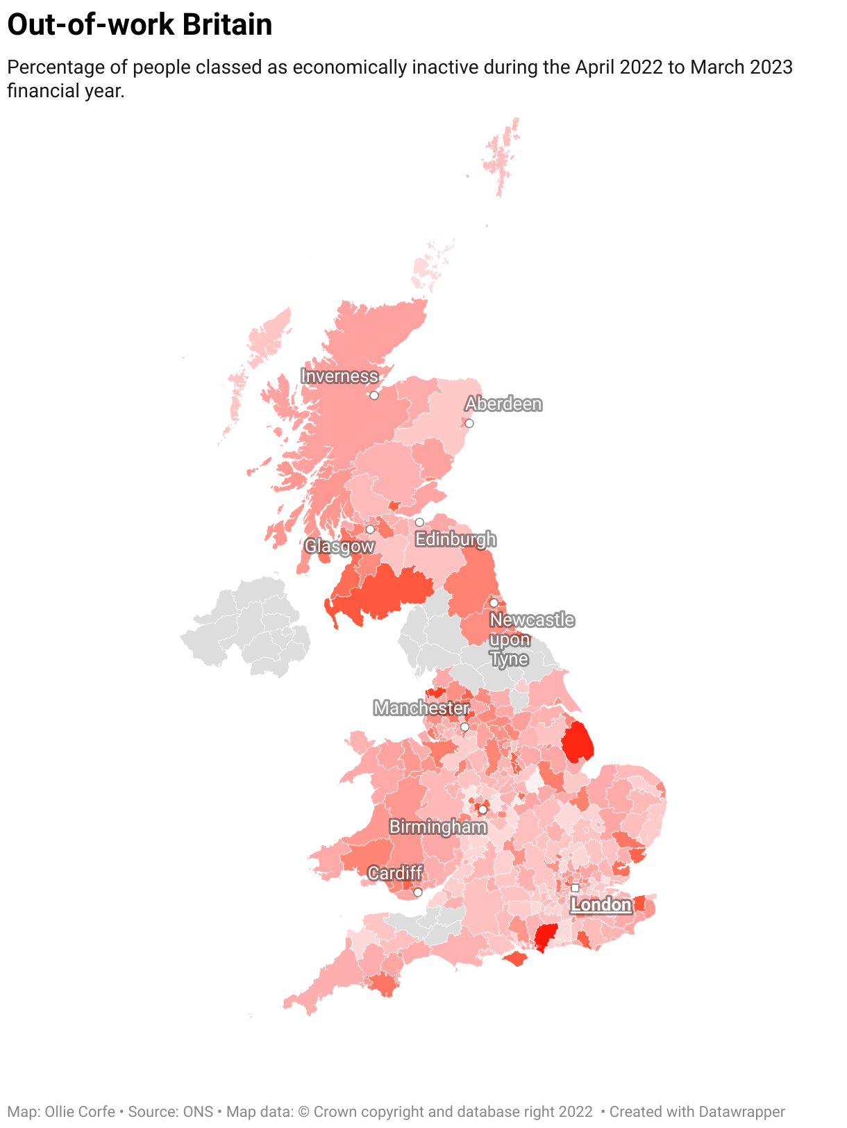 Map of economic inactivity rates across the UK.