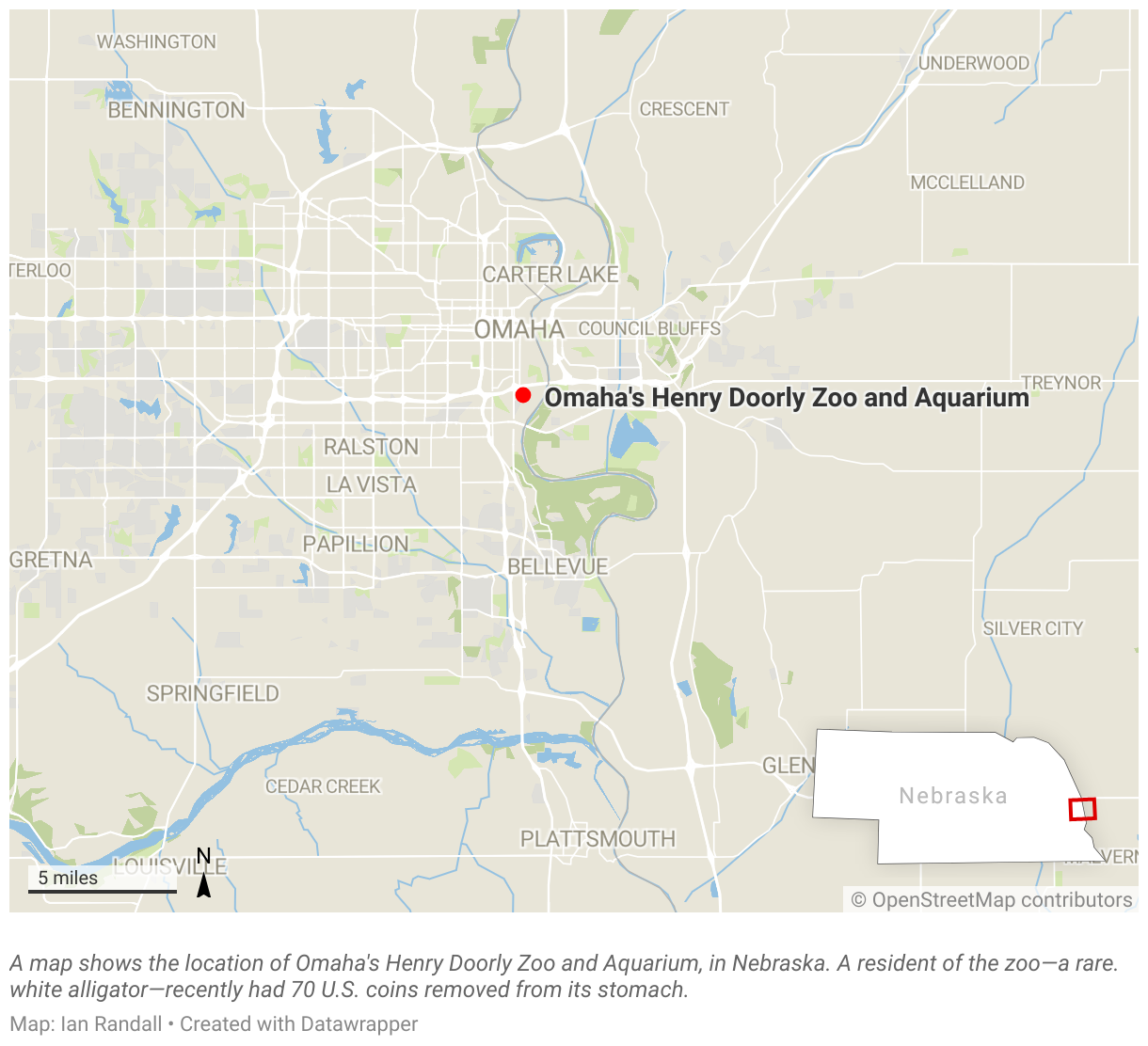 A map shows the location of Omaha's Henry Doorly Zoo and Aquarium, in Nebraska.