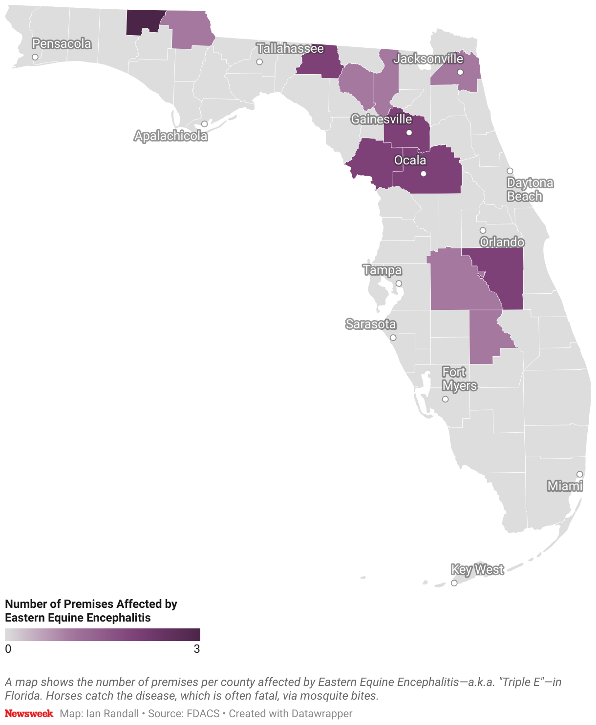 A map shows the number of farms per district affected by Eastern Equine Encephalitis, also known as 