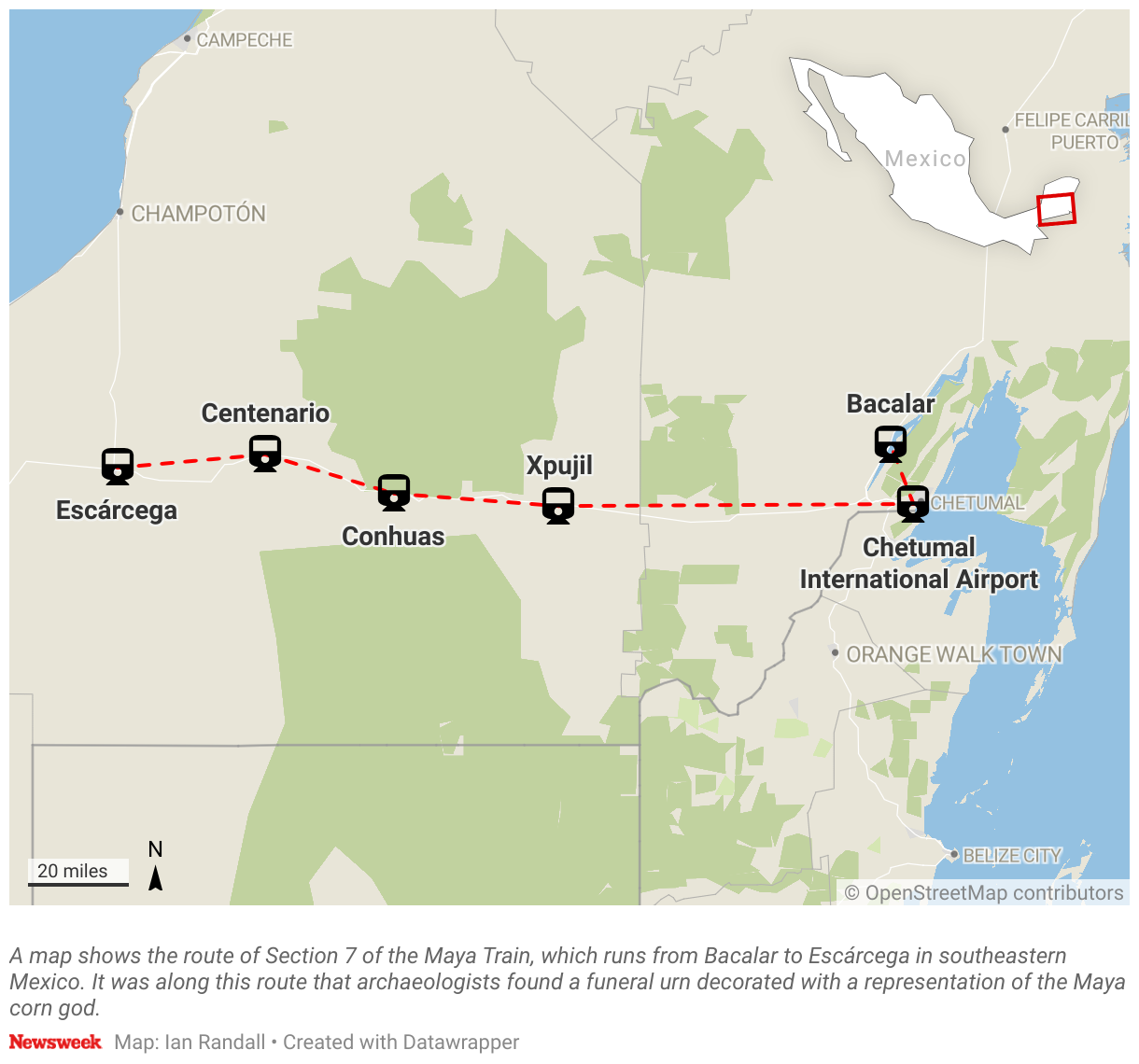 A map shows the route of Section 7 of the Maya Train, which runs from Bacalar to Escárcega in southeastern Mexico. 