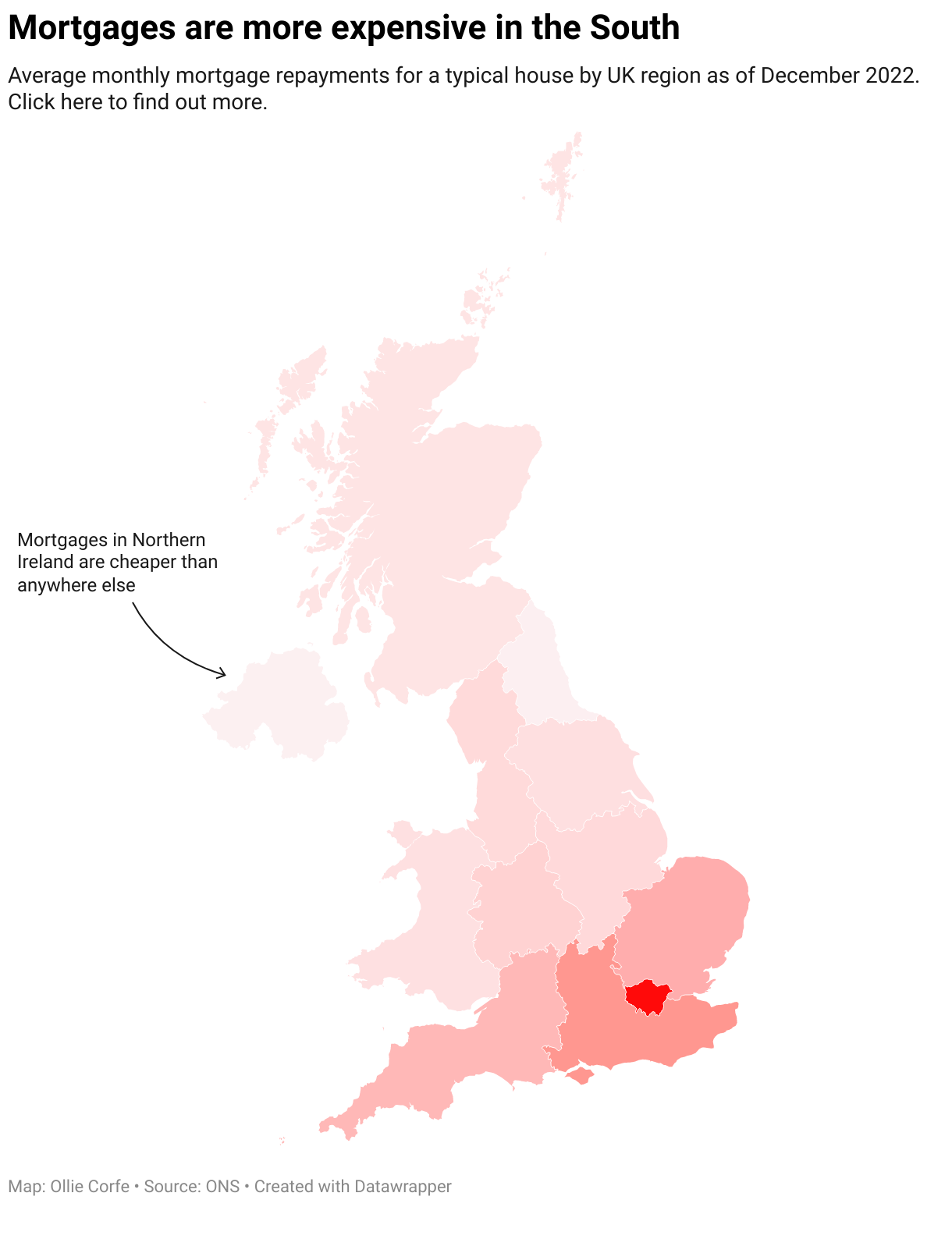 Map displaying the average monthly mortgage repayment in each UK region.