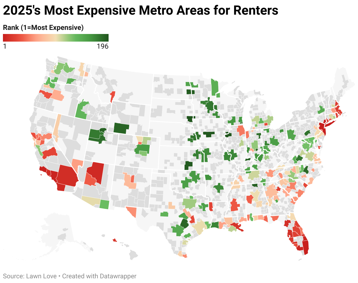 Map of the U.S. most expensive metro areas for renters.