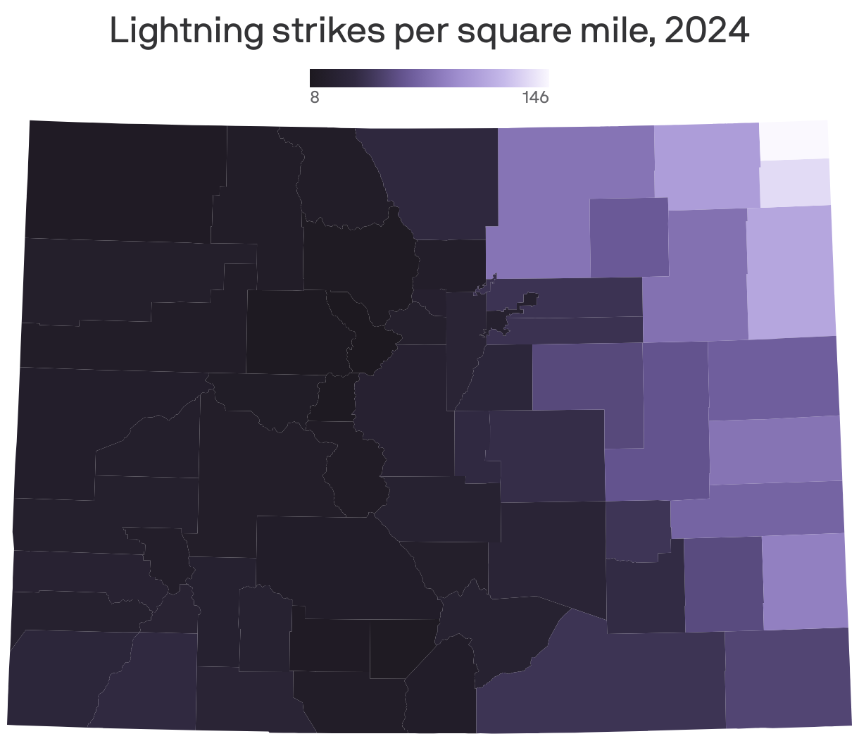 A map showing lightning strikes per square mile in 2024.