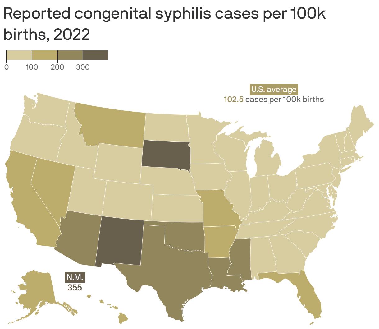 Reported congenital syphilis cases per 100k births, 2022