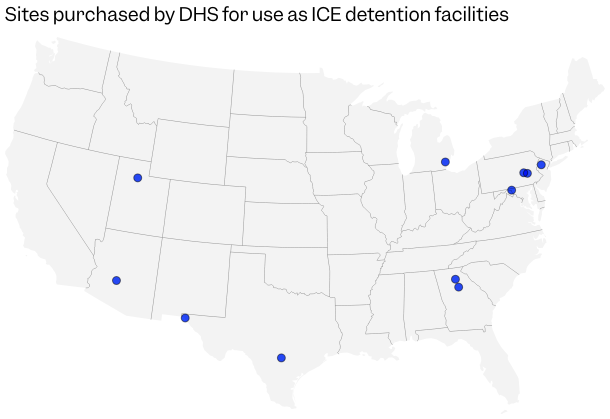 US map showing locations of warehouses purchased for use as ICE detention facilities, with two each in Pennsylvania, Georgia, and Texas, and one each in Arizona, Utah, Michigan, Maryland, and New Jersey.
