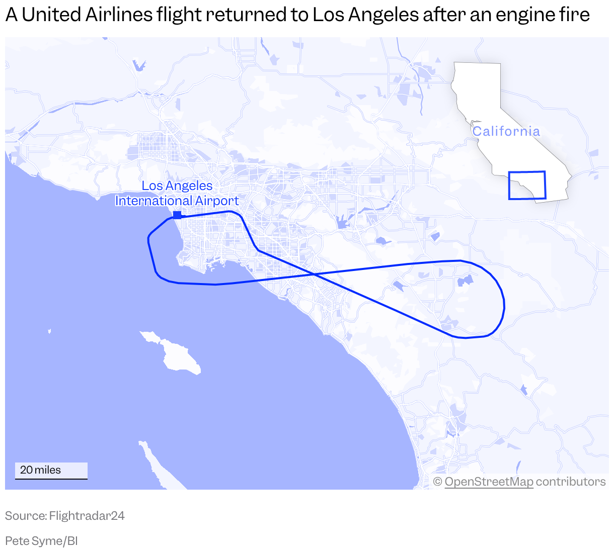 A map of southern California shows the flight path of United Airlines Flight 2127 on March 2, 2026, which circled around for an emergency landing at Los Angeles International Airport
