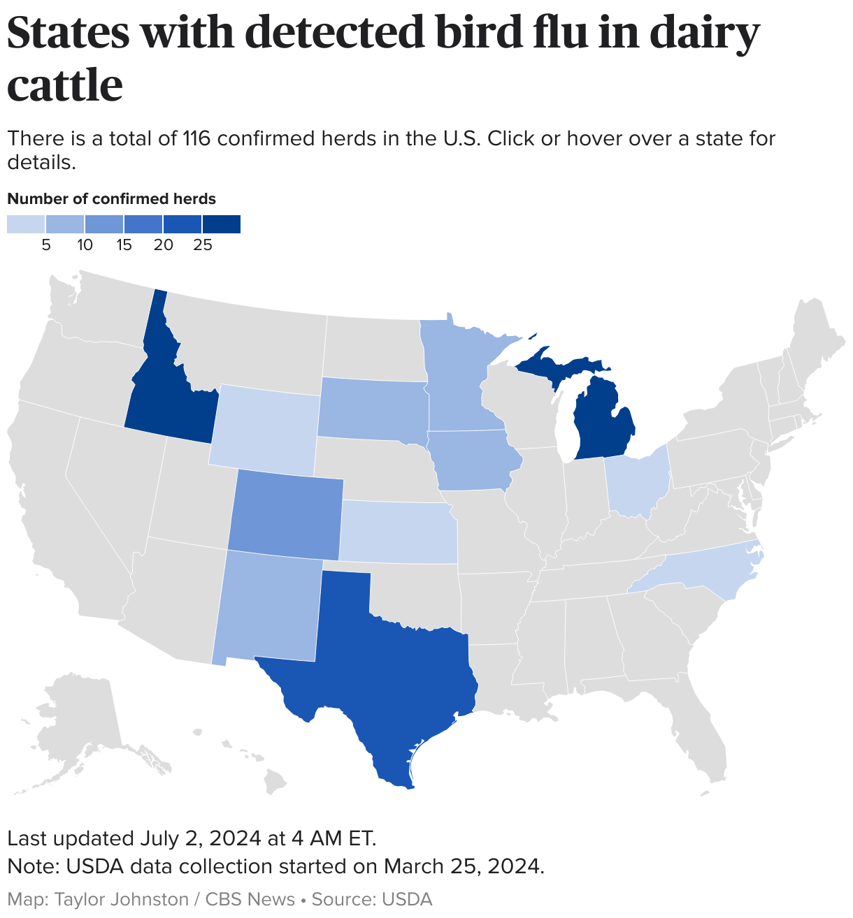 Map of the U.S. showing which states have detected bird flu in dairy cattle.