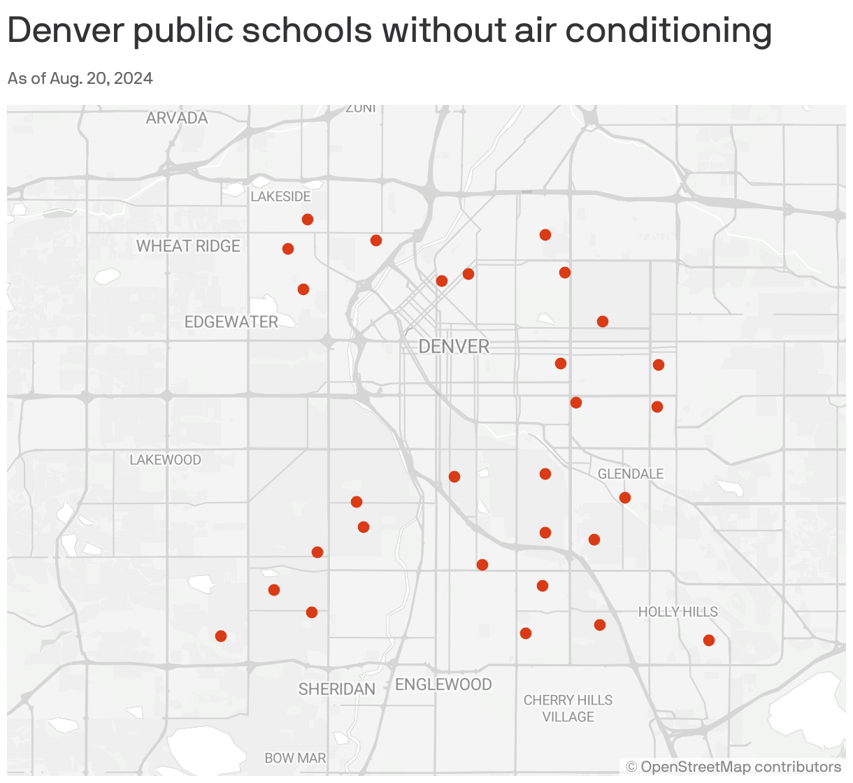 A maps showing the 29 Denver public schools that do not have air conditioning. 