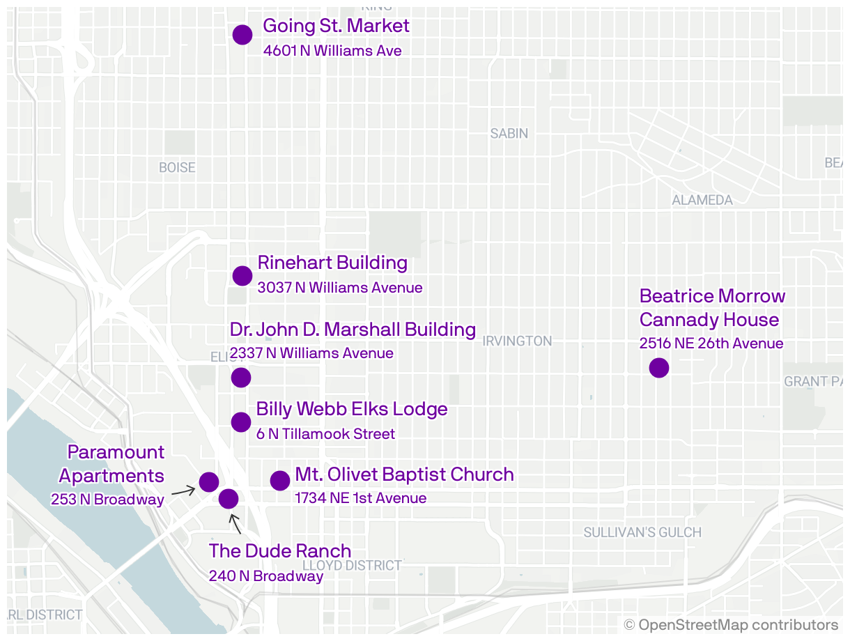 A map showing eight Black landmarks in Portland. Most are clustered in inner North and Northeast.