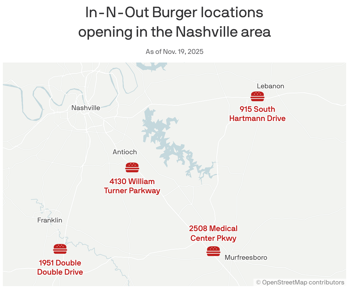 A map of the Nashville area showing where four In-N-Out Burger restaurants are expected to open.