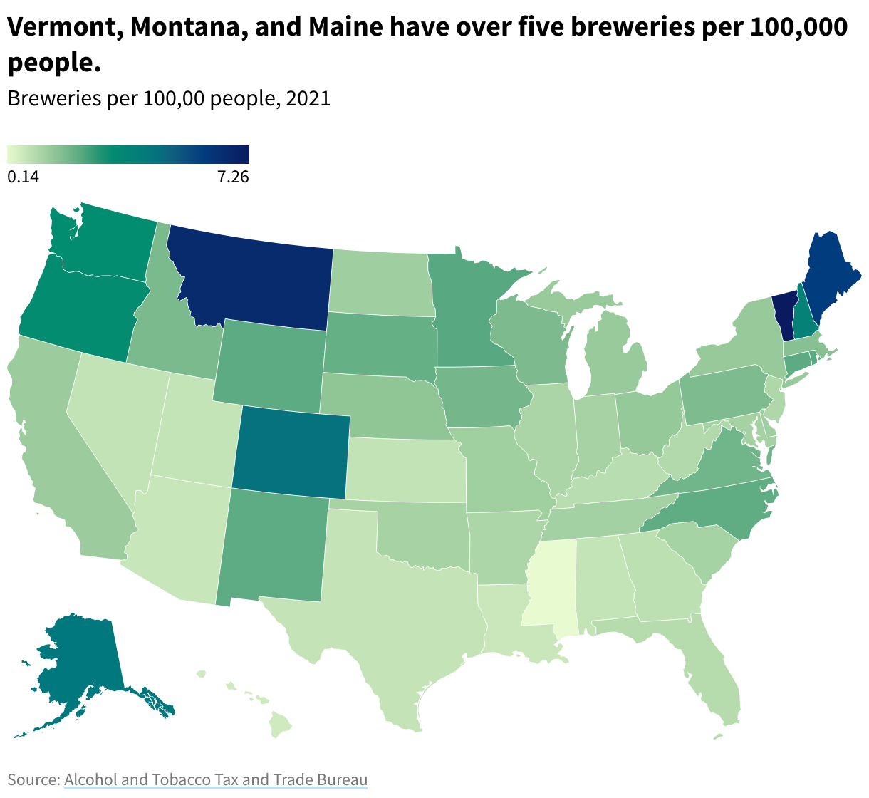 Map showing the number of breweries per 100,000 state residents. Vermont, Montana, and Maine have the most.