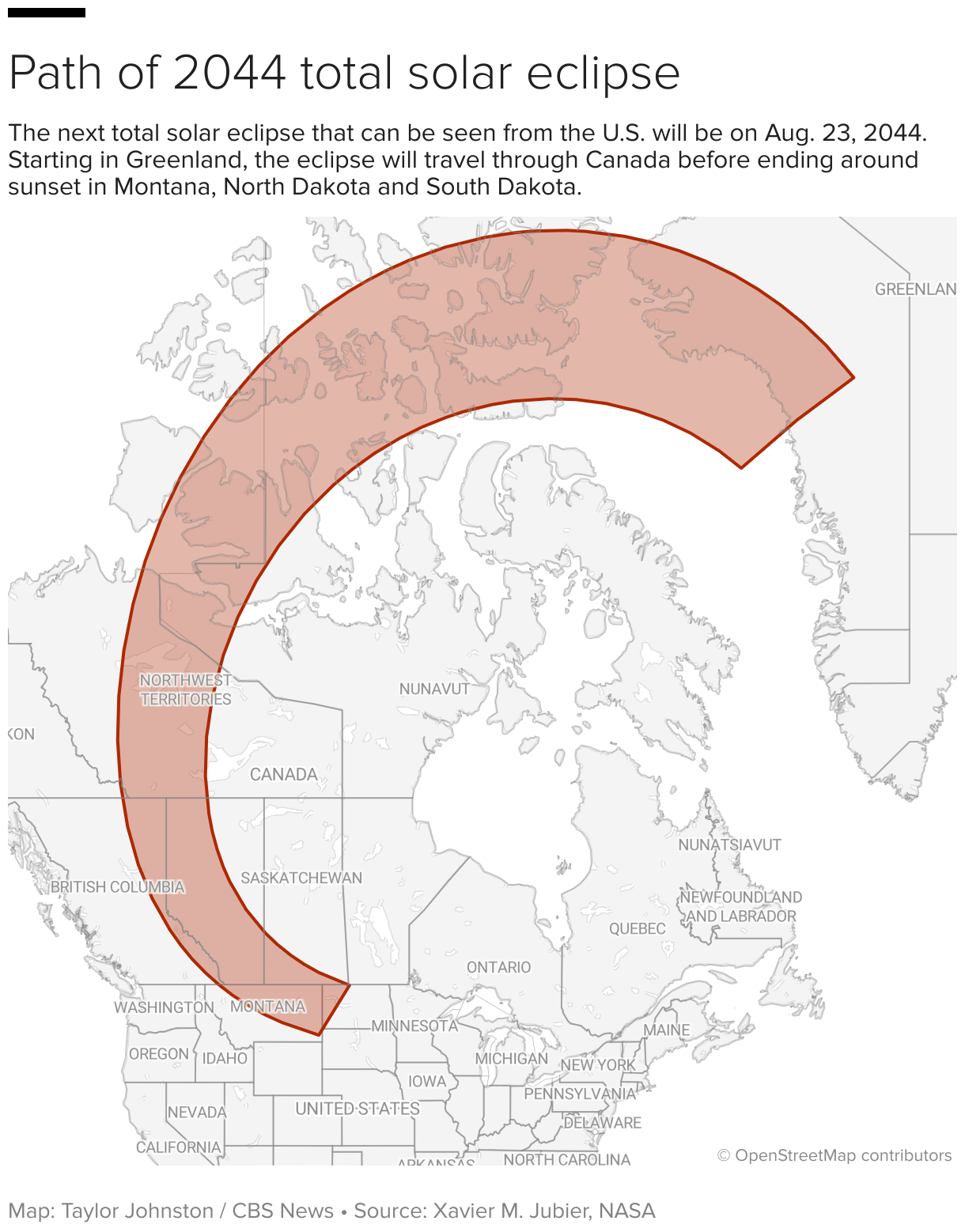 Karta koja prikazuje putanju potpune pomrčine Sunca 2044. od Grenlanda, Kanade i dijelova Sjedinjenih Država.