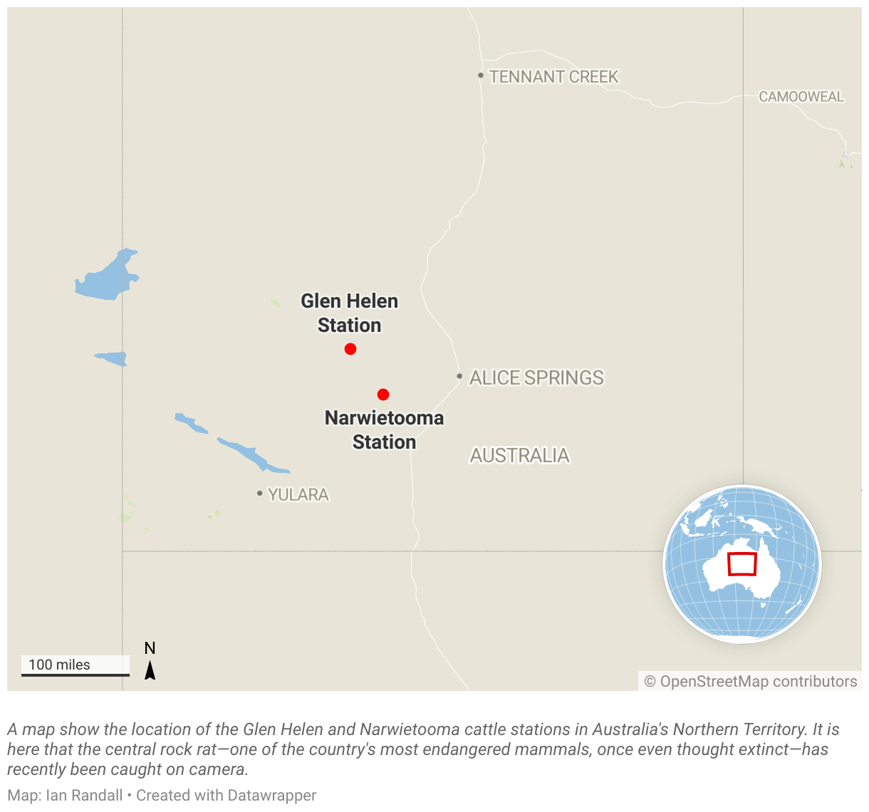 A map show the location of the Glen Helen and Narwietoomacattle stations in Australia's Northern Territory.