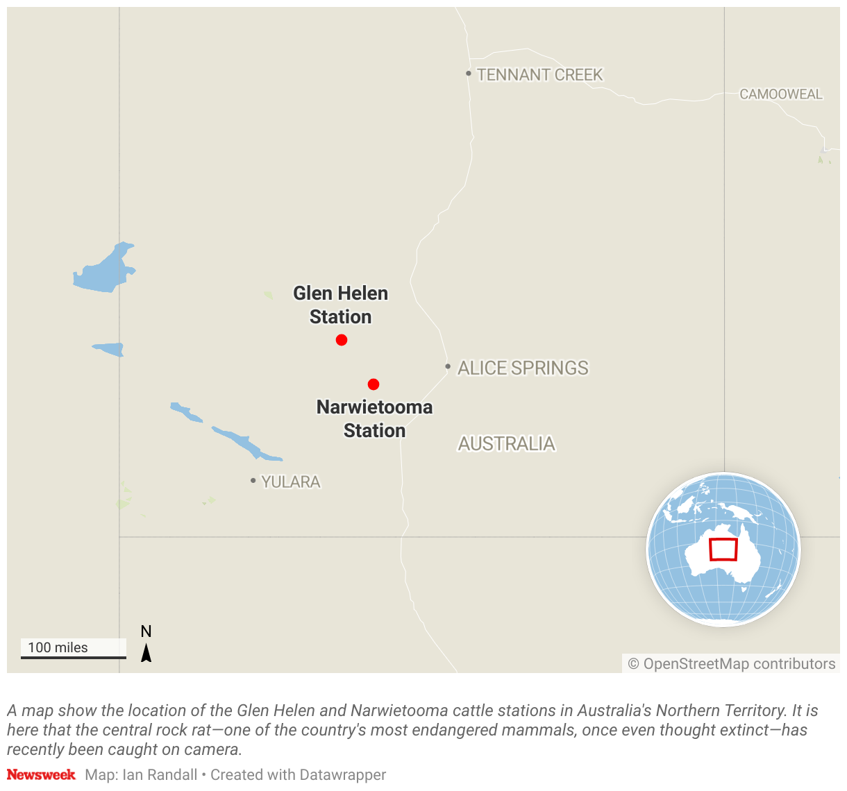 A map show the location of the Glen Helen and Narwietoomacattle stations in Australia's Northern Territory.