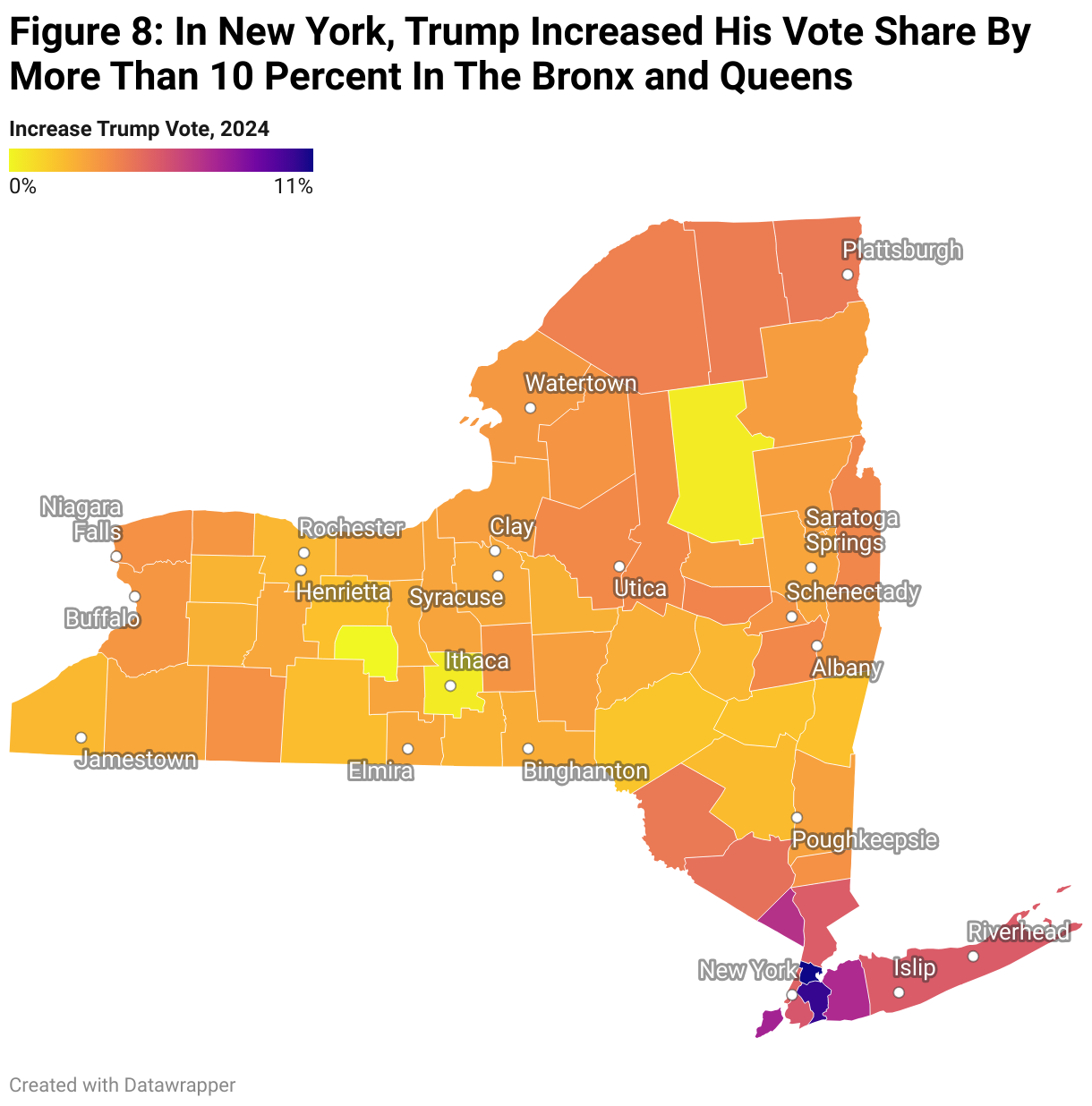 Figure 8: In New York, Trump Increased His Vote Share By More Than 10 Percent In The Bronx and Queens