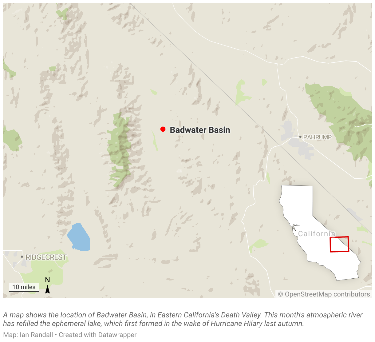A map shows the location of Badwater Basin, in Eastern California's Death Valley.